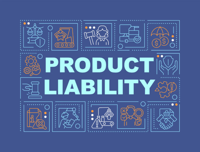 Product liability text with various thin line icons concept on dark blue monochromatic background, editable 2D vector illustration.